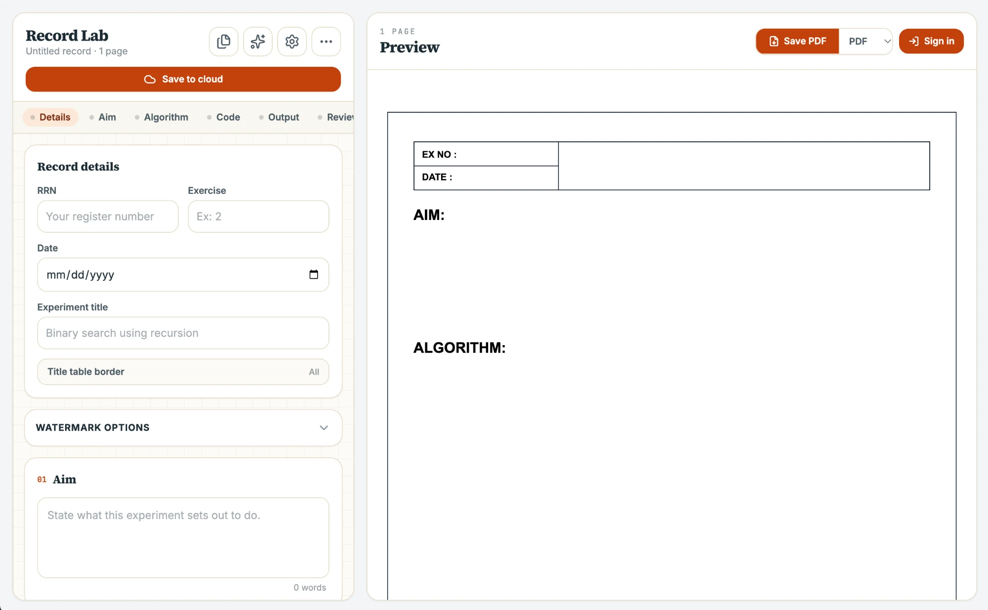 The Record Lab editor: record details on the left, the live A4 preview on the right